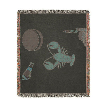 Lobster & Lighthouse Woven Blanket — Coastal Nautical Throw