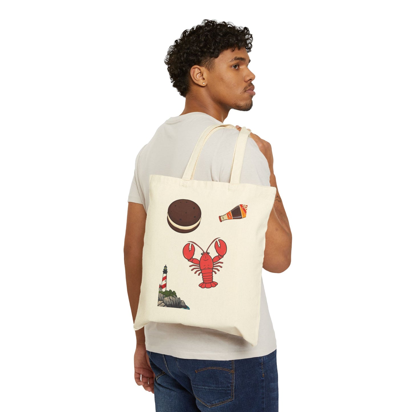 Lobster & Lighthouse Illustration Tote Bag | Beach Shell Snack Icons