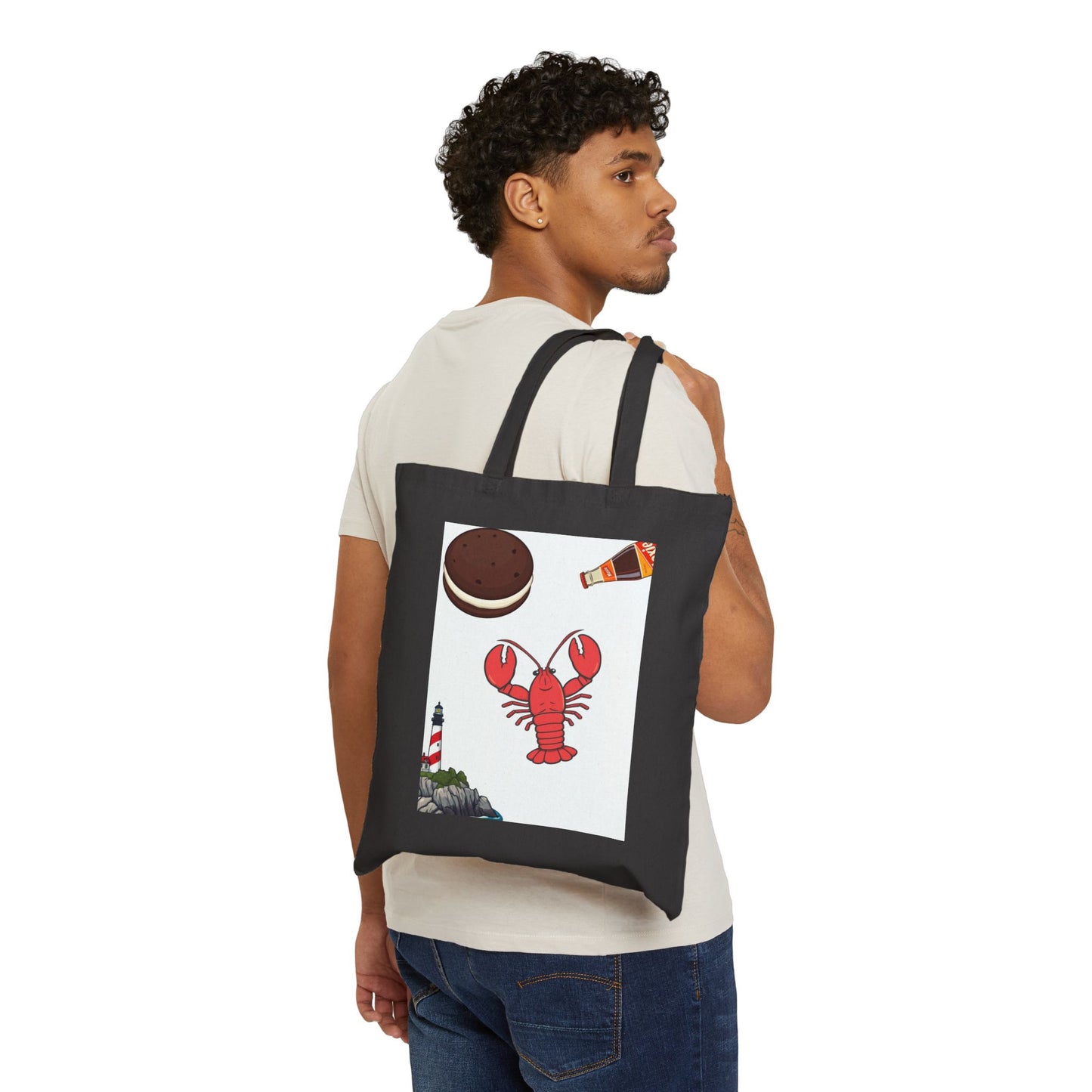 Lobster & Lighthouse Illustration Tote Bag | Beach Shell Snack Icons