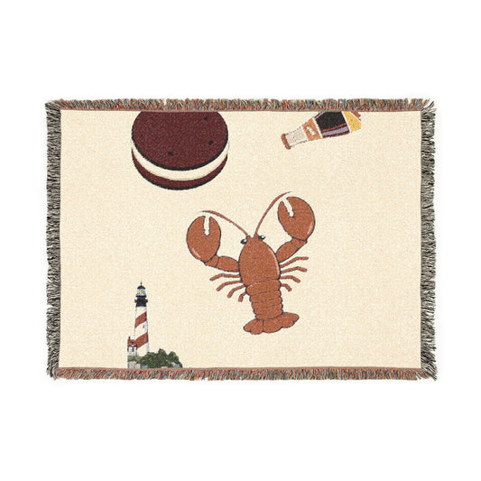Lobster & Lighthouse Woven Blanket — Coastal Nautical Throw