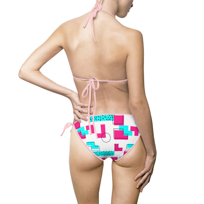 Geometric Pixel Print Bikini Swimsuit — Women's Tie-Side Triangle Set