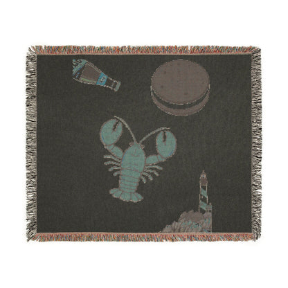 Lobster & Lighthouse Woven Blanket — Coastal Nautical Throw