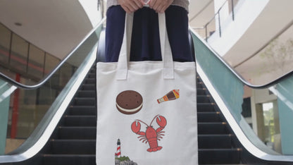 Lobster & Lighthouse Illustration Tote Bag | Beach Shell Snack Icons